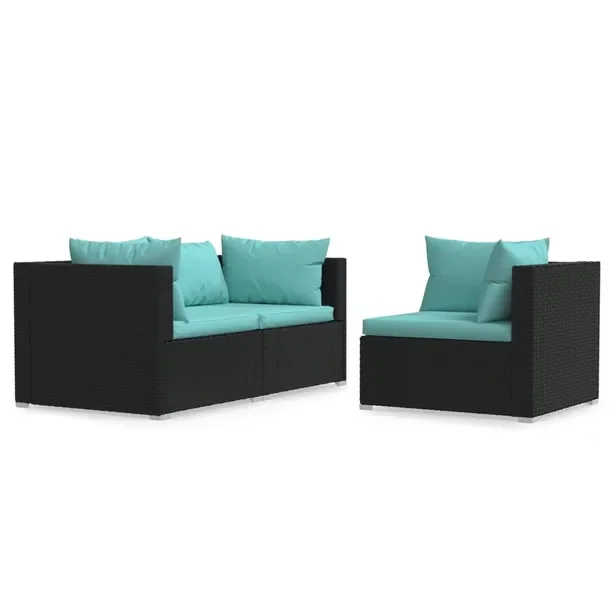 Zestaw Wypoczynkowy do Ogrodu, Rattan PE, Stal, Czarny, Akwamaryna, 70x70x6