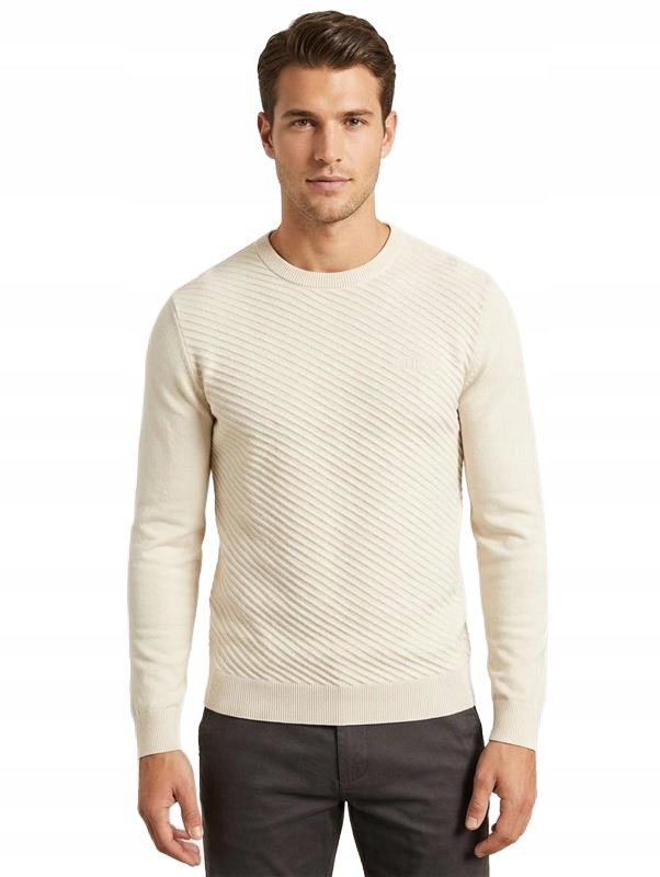 GUESS SWETER MĘSKI BAWEŁNIANY BEŻOWY Z DIAGONALNYM WZOREM XS GGA