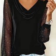 Bluzki damskie - TEMU Stylowy i elegancki aksamitny top z długim rękawem, z siateczkowym patchworkiem i drapowanym dekoltem dla kobiet - miniaturka - grafika 1