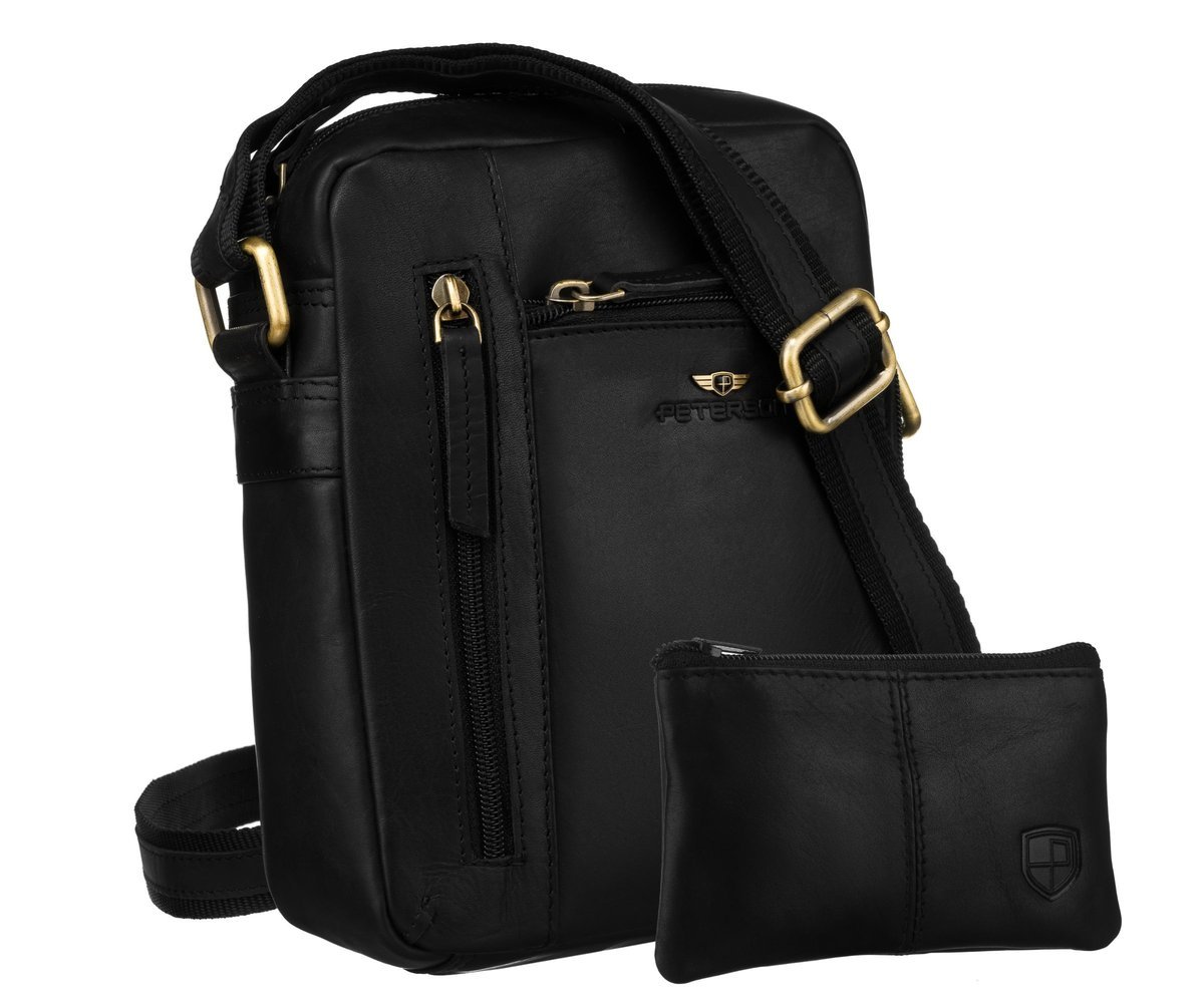 Skórzana torba męska PETERSON listonoszka miejska na ramię saszetka crossbody + etui na klucze jednokomorowa kieszonki na suwak czarna