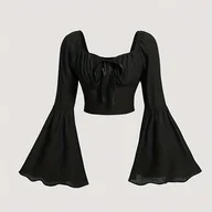 Koszule damskie - TEMU Słodka Wiosenno-Letnia Bluzka z Kokardą i Rozkloszowanymi Rękawami, Jednokolorowa Bluzka z Wiązaniem z Przodu i Rozkloszowanymi Rękawami, - miniaturka - grafika 1