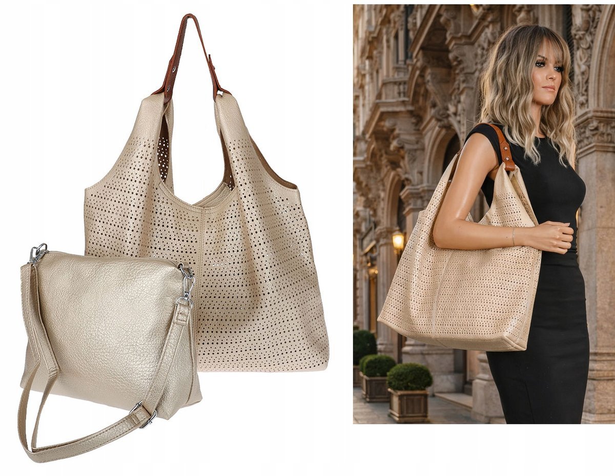 Torebka Damska shopper worek listonoszka pojemna Ażurowa 2w1 1901 Złota