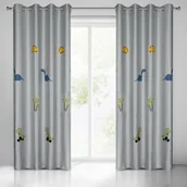 Firany i zasłony dla dzieci - Zasłona 140x250 Dino srebrna z zieloną aplikacją dinozaurów dla dzieci gotowa na przelotkach Eurofirany - miniaturka - grafika 1