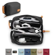 Torby podróżne - Tripped Travel Gear Tech Bag Organizer – mała torba podróżna na elektronikę, etui podróżne premium ze skórzanymi akcentami, kieszeń siatkowa na kable, przewody i ładowarki, Czarny, S, Minimalistyczny - miniaturka - grafika 1