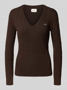 Sweter z dzianiny z dekoltem w serek i wyhaftowanym logo - Swetry damskie - miniaturka - grafika 1
