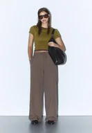 Spodnie damskie - Stradivarius Spodnie wizytowe z zakładkami i sznurkami Brązowy 36 - miniaturka - grafika 1