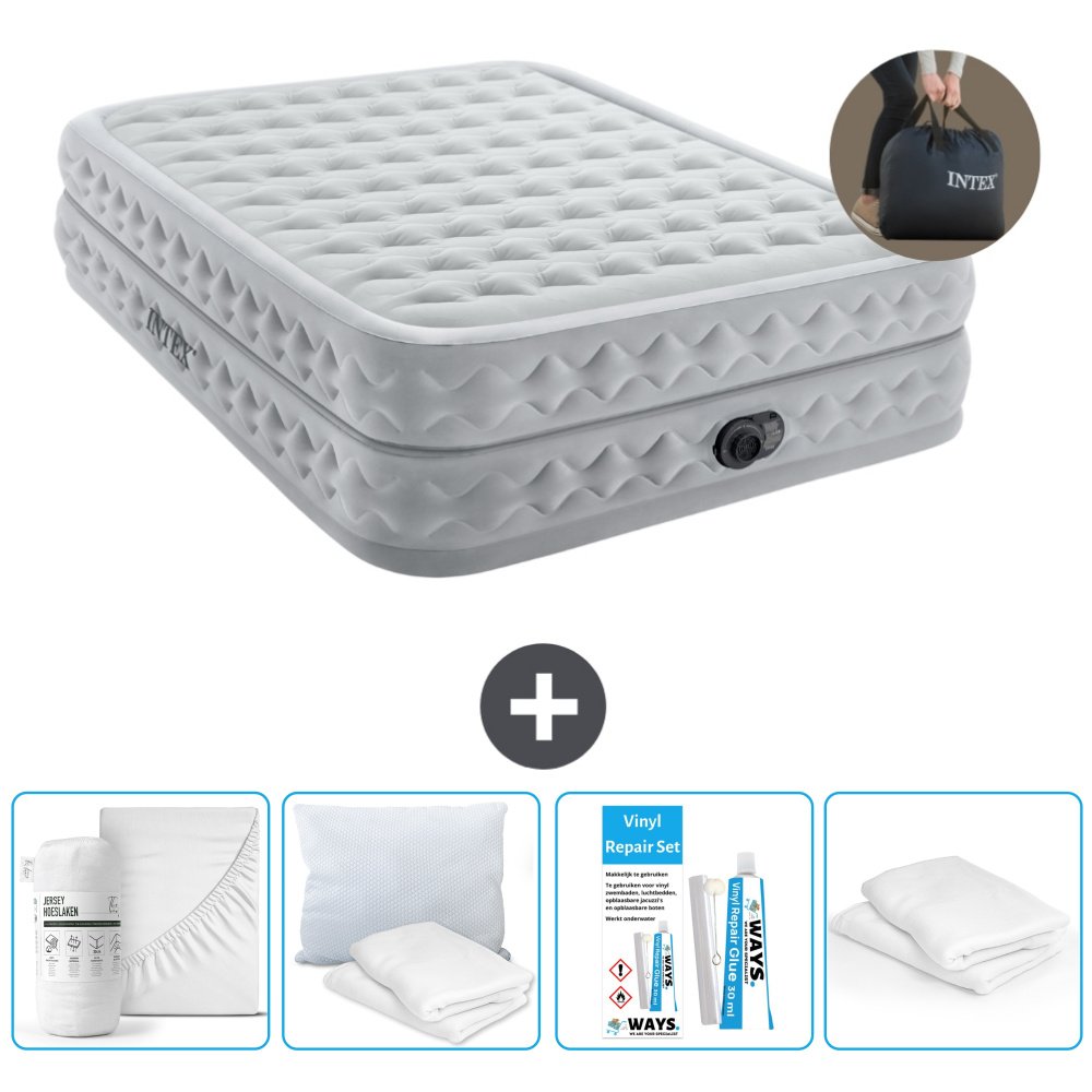 Łóżko powietrzne Intex - 2 osoby - 152 x 203 x 51 cm - Szare - Z pompką - Prześcieradło - Całowanie - Zestaw naprawczy en Ochraniacz na poduszkę