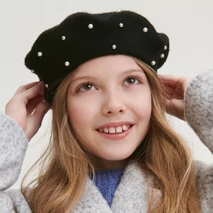 Reserved - Wełniany beret z perełkami - Czarny - Czapki dla dzieci - miniaturka - grafika 1