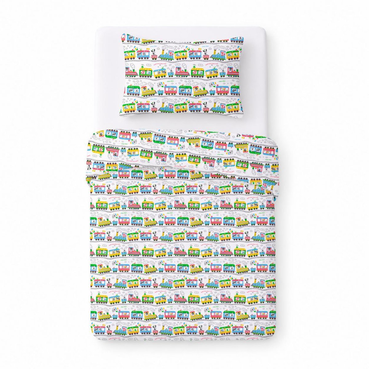 Pościel bawełniana dziecięca 100x135 biała w kolorowe pociągi, dziecięcy nowoczesny - COTTON HOME KIDS
