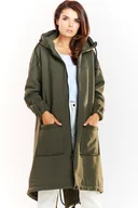 Bluzy damskie - Ciepła długa bluza damska jak parka bawełna premium khaki - Infinite You - miniaturka - grafika 1
