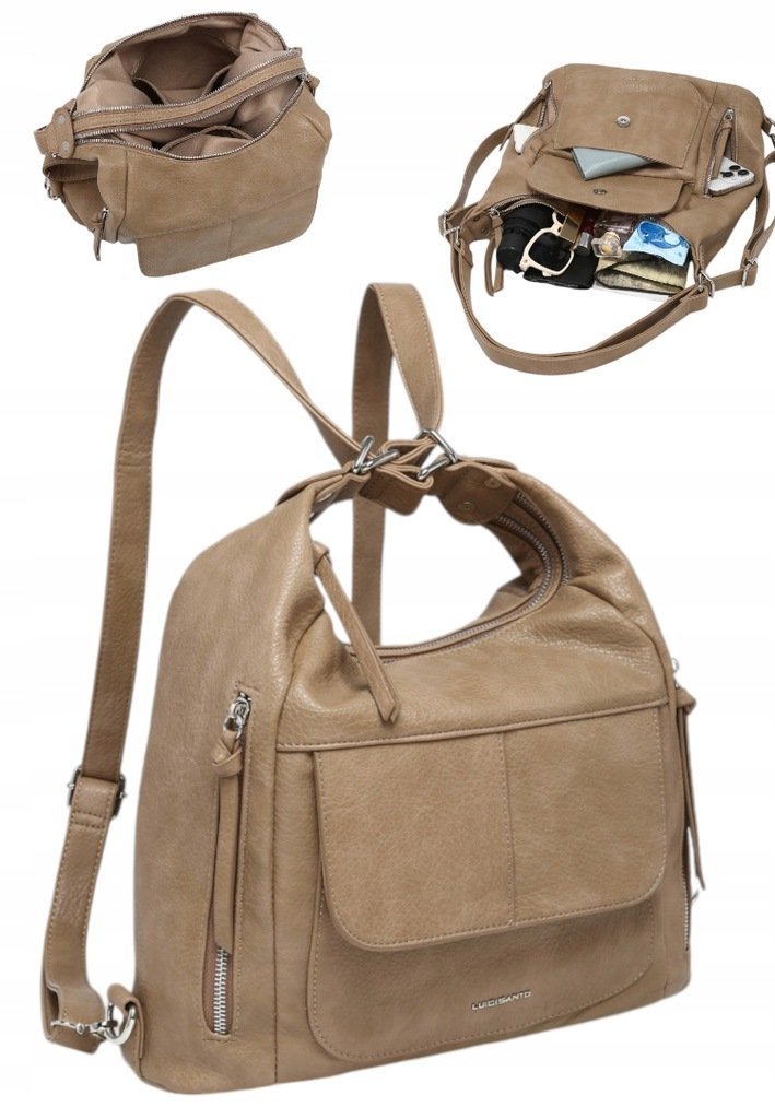 Damski Plecak Torebka Shopper 2w1 LUIGISANTO Ciemno Beżowa Dwukomorowa