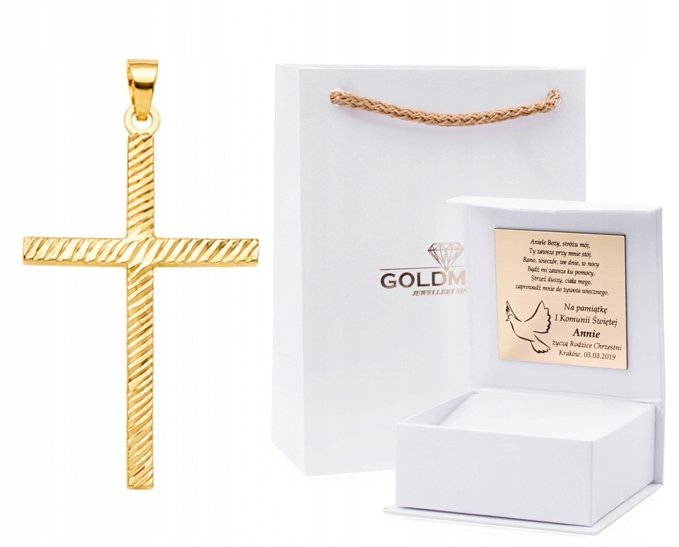 ZŁOTA ZAWIESZKA DIAMENTOWANY KRZYŻYK KRZYŻ DWUSTRONNY 14KT 585 + DEDYKACJA