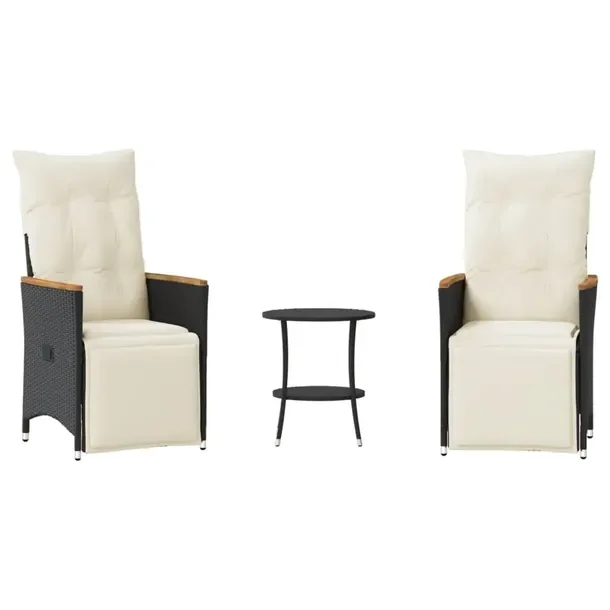Zestaw bistro ogrodowy czarny z poduszkami kremowymi, 2 fotele i stół