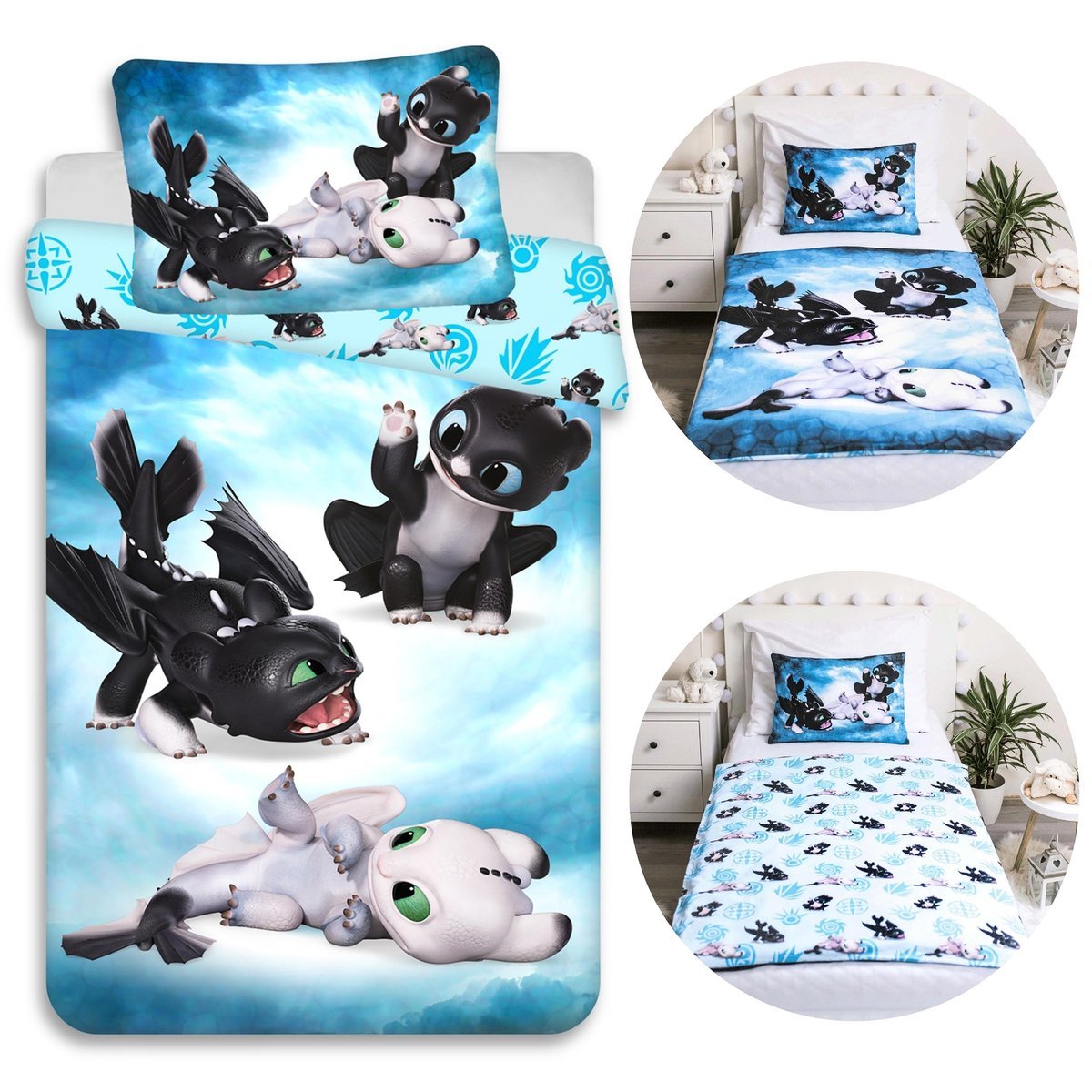 Jak wytresować smoka DWUSTRONNA pościel, Komplet pościeli do łóżeczka na zamek, 100% BAWEŁNA 100x135cm+40x60cm OEKO-TEX