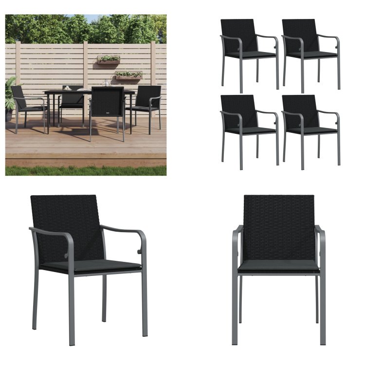 vidaXL Krzesła ogrodowe z poduszką 4 szt. czarny 56x59x84 cm polirattan - krzesło ogrodowe - krzesła ogrodowe - krzesło patio - krzesło zewnętrzne