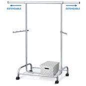 Wieszaki i stojaki - Tatkraft Naklejki siła Bull drążek na ubrania wieszak stojący na kółkach do dużych obciążeń 80 kg, z półką na buty, rozsuwany, chromowana metalowa rura L100  141 X H150 X 50 cm - miniaturka - grafika 1