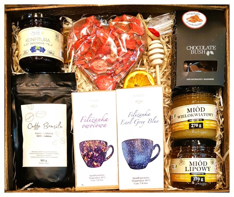Duży Kosz Zestaw Prezentowy Czekolada Miód Konfitura Herbata Kawa