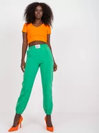 Spodnie damskie - Spodnie z materiału zielony elegancki materiałowe nogawka ze ściągaczem w kant naszywki - miniaturka - grafika 1