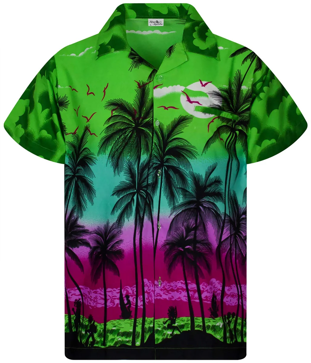King Kameha JK-Funky męska koszula hawajska z krótkim rękawem, z kieszenią z przodu, stylowa, tropikalna, plaża, ocean, morze, palmy, uniseks, XS