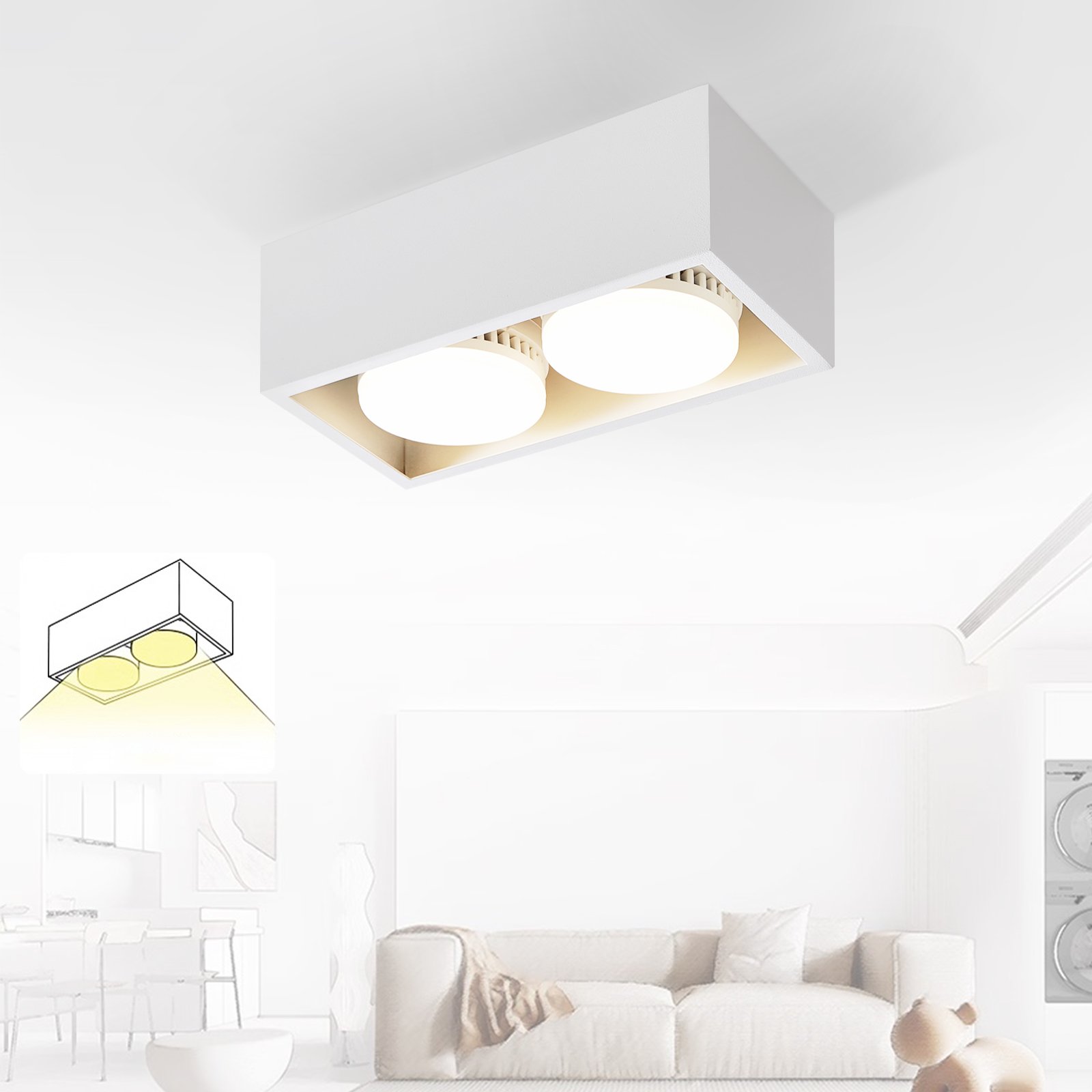 ZMH LED lampa sufitowa biały reflektor natynkowy z 2 płomieniami ciepły biały GX53 10W reflektor sufitowy obrotowy reflektor kątowy do kuchni salonu jadalni korytarza przedpokoju
