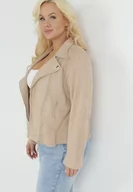 Kurtki damskie - Beżowa Kurtka Ramoneska z Imitacji Zamszu z Asymetrycznym Suwakiem Maisen - miniaturka - grafika 1
