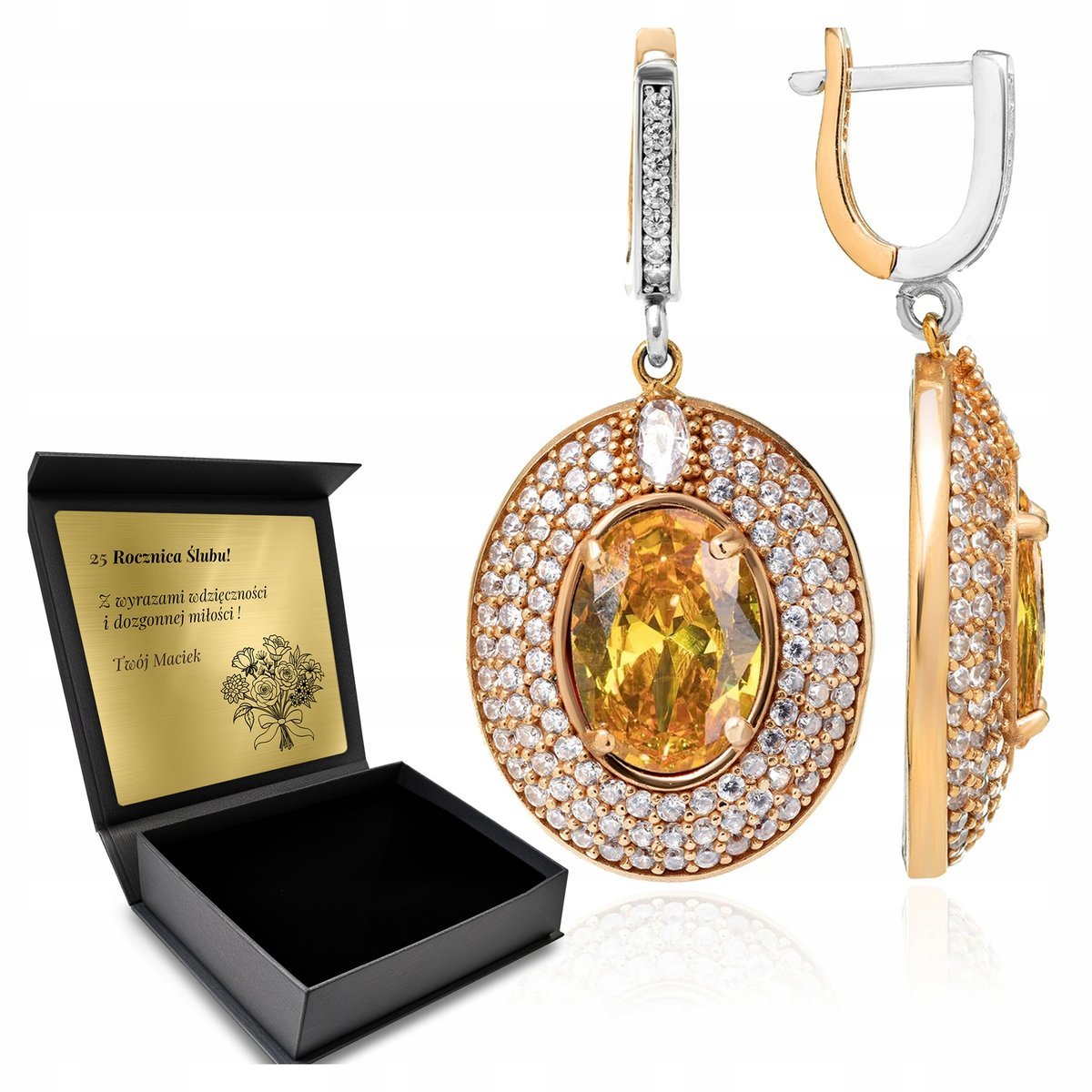 Kolczyki Srebrne 925 Cyrkonie Cytryn Biżuteria Dla Kobiety + Grawer