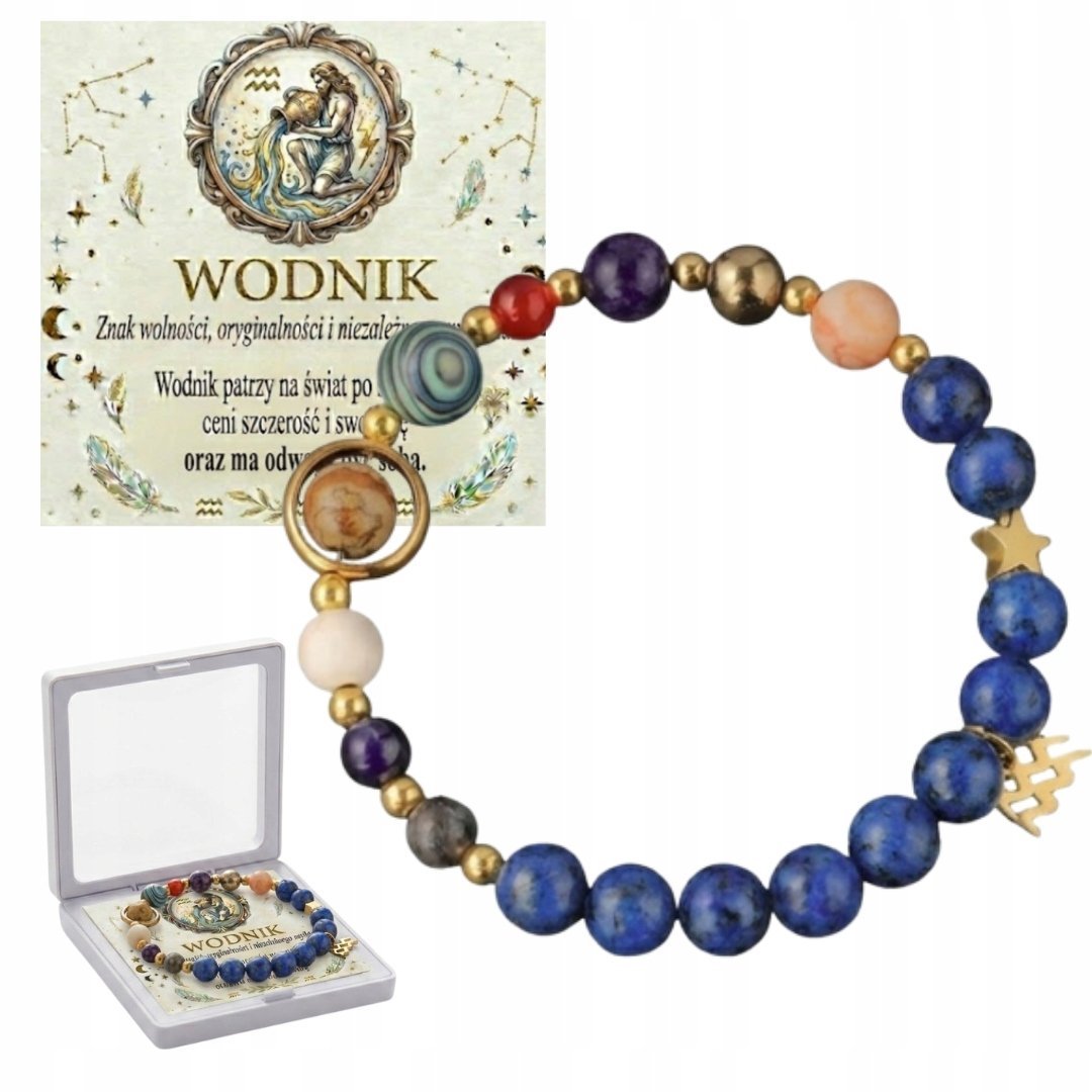 Wodnik Bransoletka Znak Zodiaku Kolorowe Koraliki Pudełko Kartka Prezent
