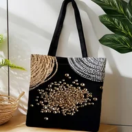 Torebki damskie - TEMU 1 szt. Duża Torba Tote o Wielkiej Pojemności z Złotymi Koralikami i Srebrnymi Łańcuszkami - Czarny Tło, Możliwość Prania w Pralce, Idealna na - miniaturka - grafika 1