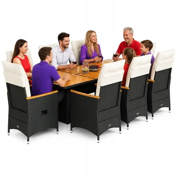 Zestaw mebli ogrodowych 8-osobowy czarny rattan PE, stół 190x80x75 cm