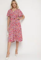 Sukienki - Czerwona Rozkloszowana Sukienka w Kwiaty z Kopertowym Dekoltem Plisowana Lanasira - miniaturka - grafika 1