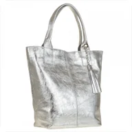 Torebki damskie - Torba worek w kolorze srebrnym ze skóry naturalnej XL - miniaturka - grafika 1