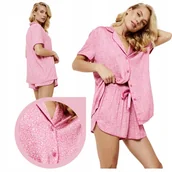 Piżamy damskie - Aruelle VIOLA SHORT Piżama różowa koszula szorty pantera wiskoza wygodna XL - miniaturka - grafika 1