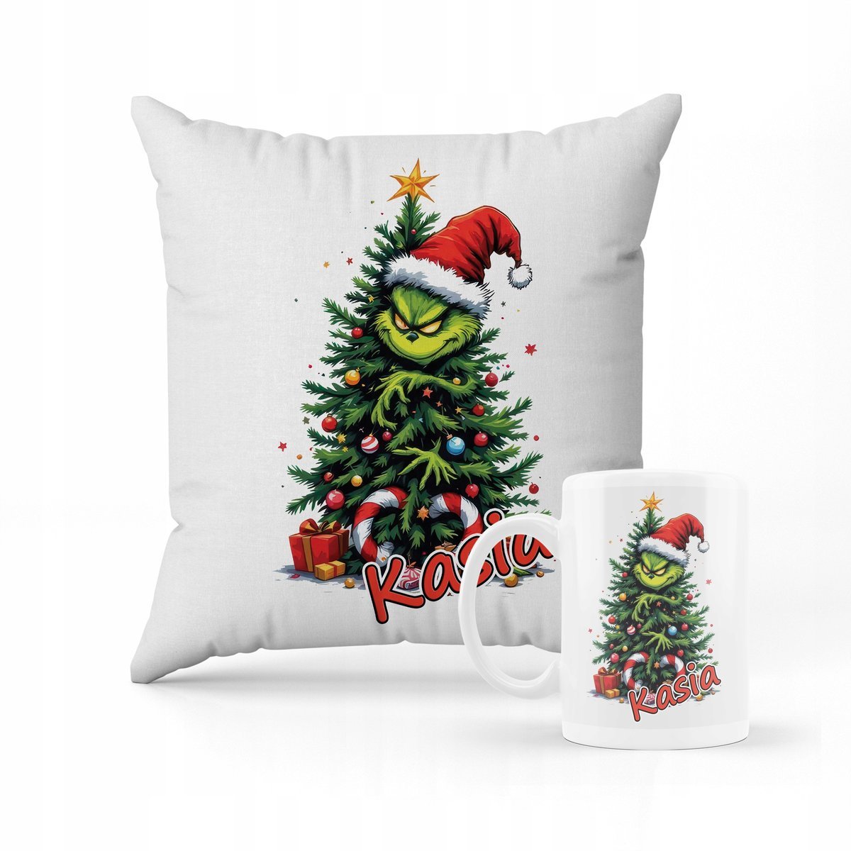 ZESTAW PODUSZKA + KUBEK Grinch święta + IMIĘ 3
