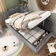 Łóżka - Łóżko z pojemnikiem 90 x 200 cm z zagłówkiem - Tkanina welurowa i metalowy stelaż - Szare (materac nie jest wliczony w cenę) - miniaturka - grafika 1