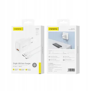 FONENG ładowarka sieciowa EU54 18W 1xUSB QC3.0 + kabel USB-C Biały - Ładowarki do telefonów - miniaturka - grafika 1