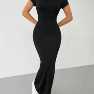 Sukienki - TEMU Sukienka Damska Prosta Jednokolorowa z Krótkim Rękawem i Podkreślającą Talię - miniaturka - grafika 1