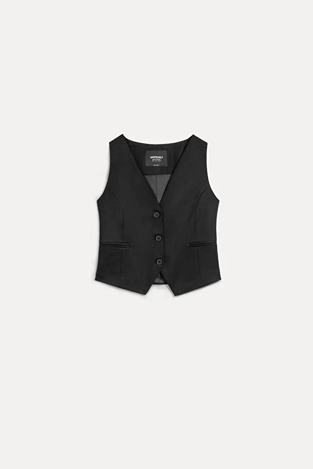 CZARNA ELEGANCKA KAMIZELKA DAMSKA Z GUZIKAMI 38 5GA*