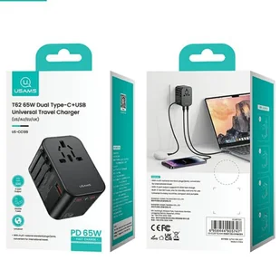USAMS Adapter siec 1xUSB+2xUSB-C T62 65W 4w1 US/AU/EU/UK czarny/black CC199TC01 (US-CC199) Univesal Travel Charger - Ładowarki do telefonów - miniaturka - grafika 8