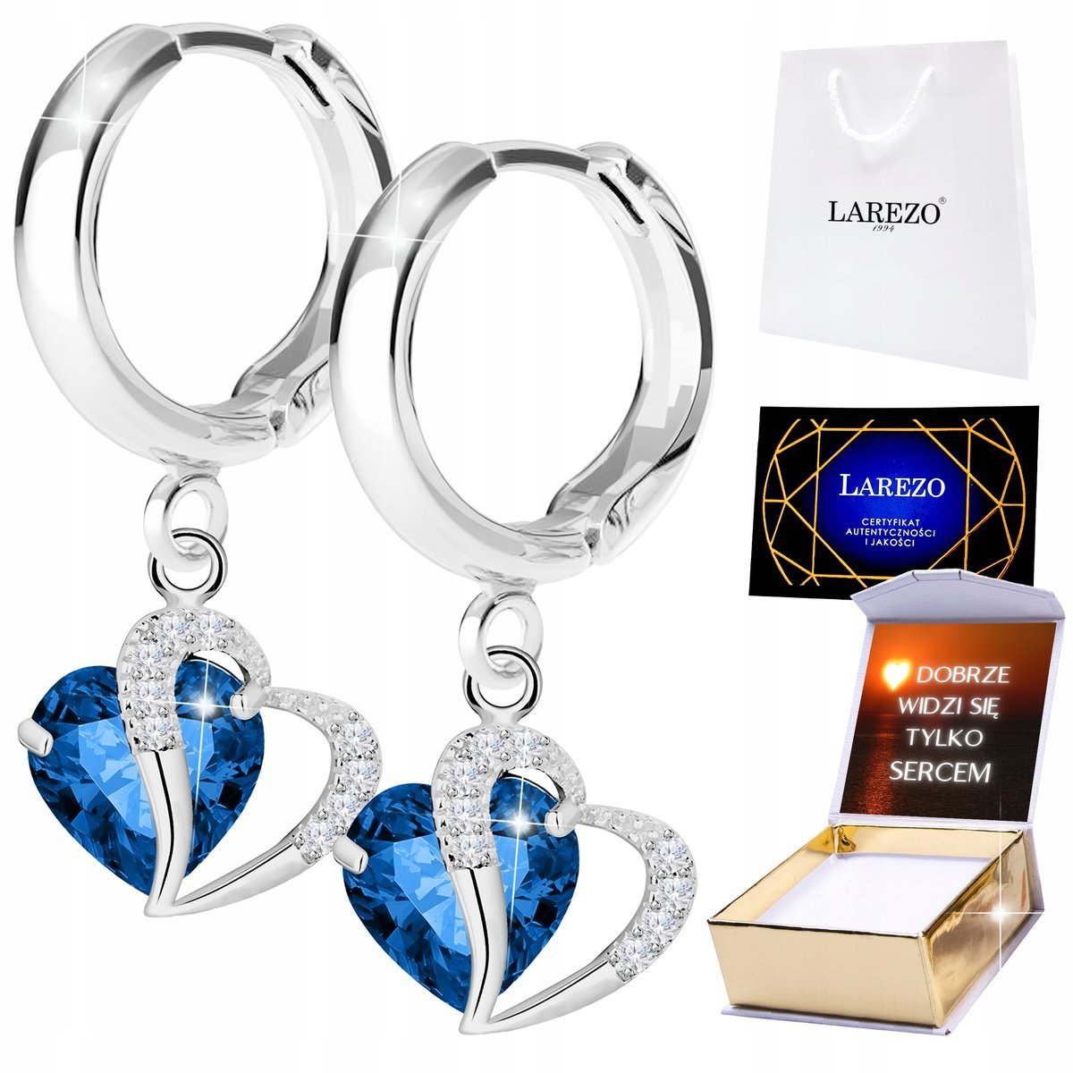 Kolczyki Srebrne 925 Niebieskie Serca z Cyrkoniami Serduszka Love + NADRUK
