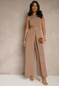 Kombinezony - Ciemnobeżowy Kombinezon Bez Rękawów z Nogawkami Wide Leg Noreldi - miniaturka - grafika 1