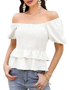 KOJOOIN T-shirt damski na lato, krótki rękaw, falbanki, tunika, elegancka, prostokątna bluzka z odkrytymi ramionami, na co dzień (opakowanie wielokrotnego użytku), biały, M - Bluzki damskie - miniaturka - grafika 1