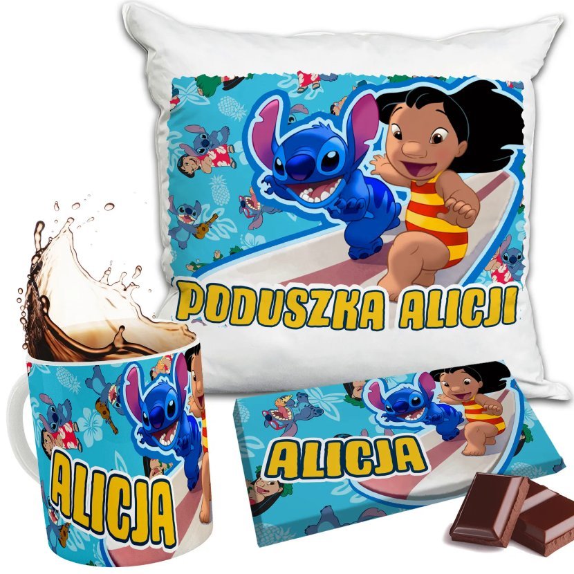 Zestaw LILO & STITCH Kubek + Poduszka + Czekolada + Imię Prezent Nadruk