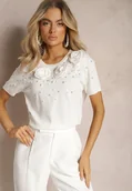 Bluzki damskie - Biała Bluzka z Wiskozy Ozdobiona Kwiatami Perłami i Cyrkoniami Ullsinia - miniaturka - grafika 1