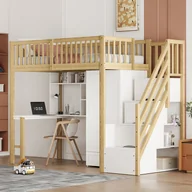 Łóżka dla dzieci i młodzieży - Łóżko piętrowe 90 x 200 cm z biurkiem narożnym, szafą i półką do przechowywania - Sosna + sklejka + MDF - Biały + naturalny (bez materaca) - miniaturka - grafika 1