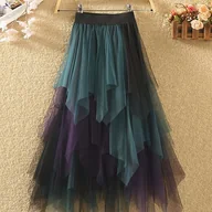 Spódnice - TEMU Elegancka spódnica z tylu z kontrastowymi detalemami z siatki w kolorze zielonym, fioletowym i czarnym - idealna na wiosnę, i jesień - miniaturka - grafika 1