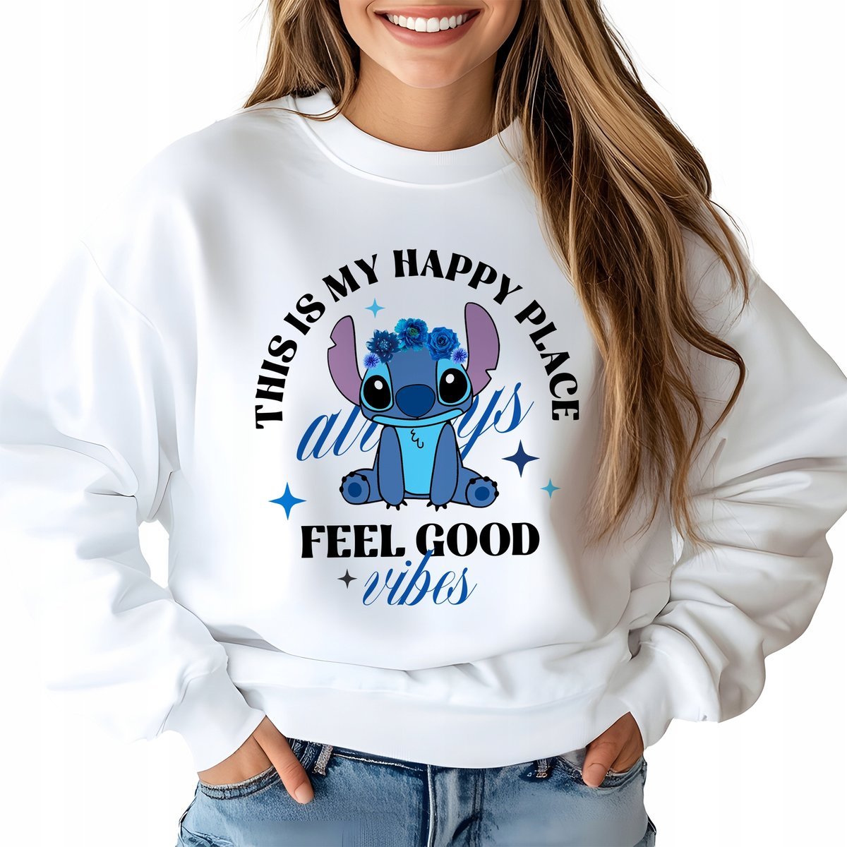 Bluza Biała Damska STITCH FEEL GOOD VIBES Lilo i Stich Bajka Wzory Rozm M