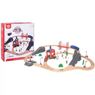 Tooky Toy Drewniana Kolejka Staż Pożarna Ambulans 70 el. - Pociągi dla dzieci - miniaturka - grafika 1