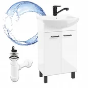 Szafki łazienkowe - Szafka Biała Połysk Stojąca z Umywalką 45 + Bateria Obrot Deante Boro Syfon - miniaturka - grafika 1
