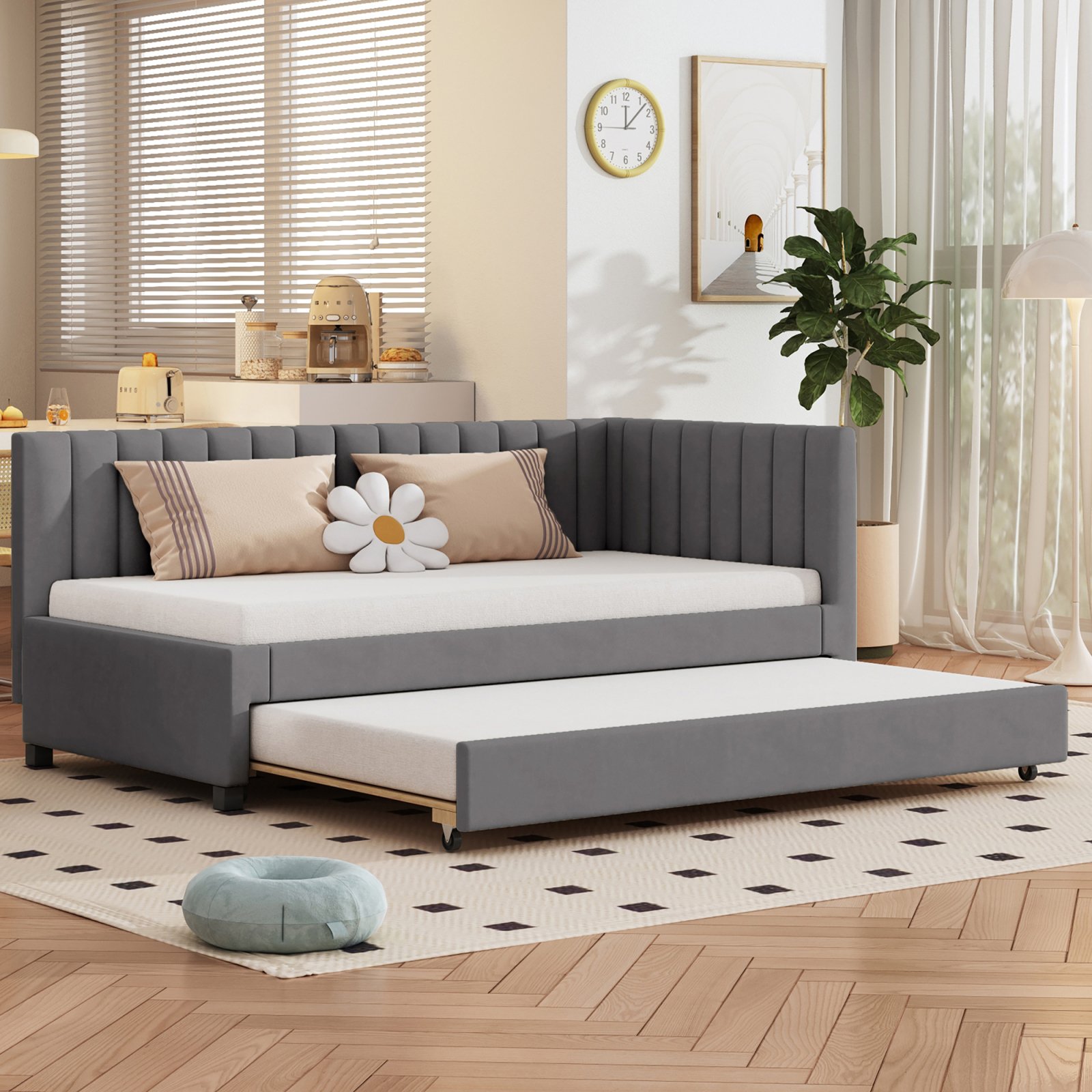 Łóżko tapicerowane Fortuna Lai 90x200cm, rozkładana sofa, wielofunkcyjne łóżko z listwowym stelażem, przyjazne dla skóry, łóżko dwuosobowe, łóżko gościnne, łóżko młodzieżowe, rozkładana sofa, aksamit, szary