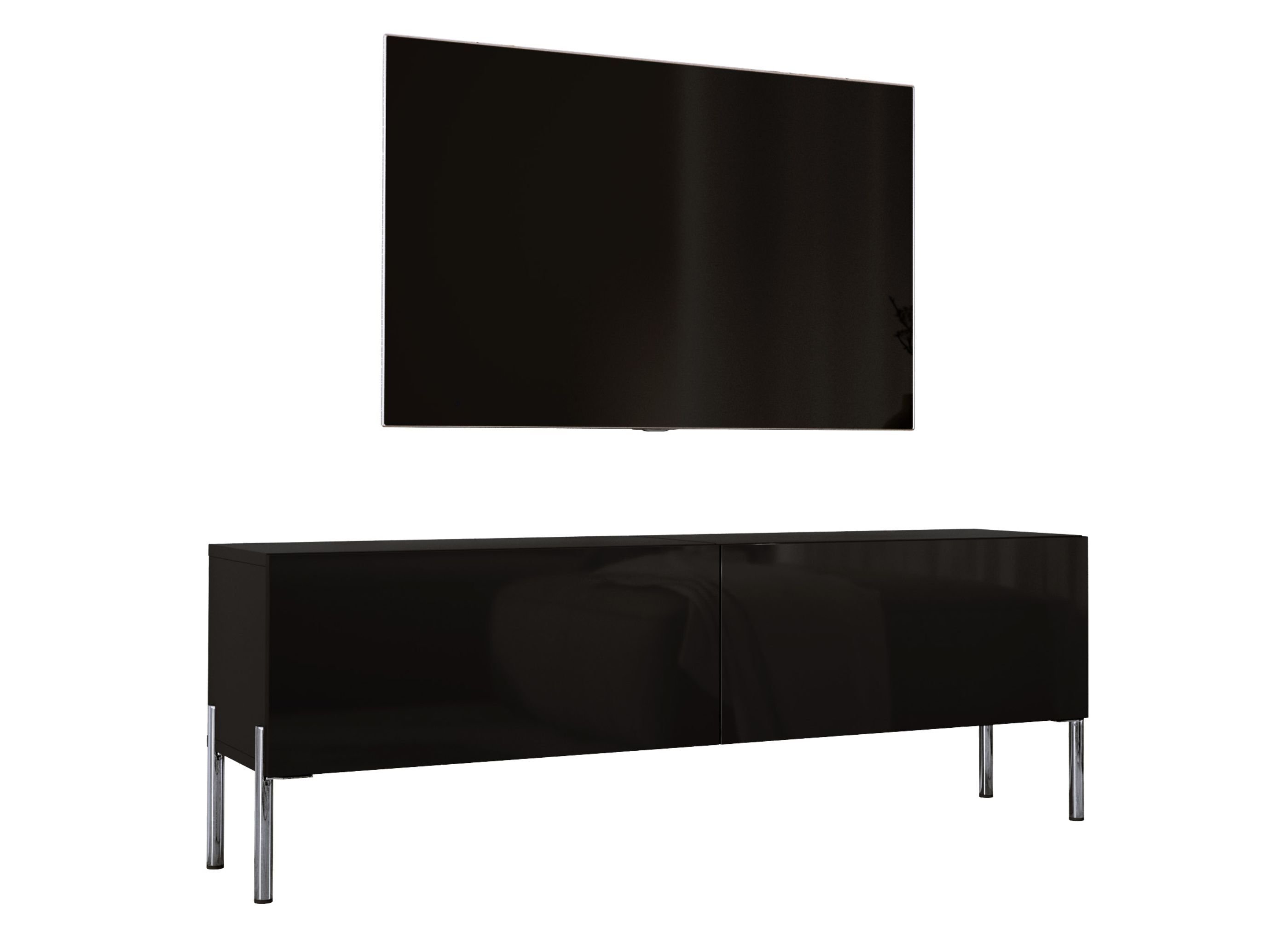 Szafka pod telewizor w kolorze czarnym matowym z chromowanymi nogami, szer. 140 cm, wys. 52 cm, gł. 32 cm. Meble pod telewizor, stolik pod telewizor, ława pod telewizor